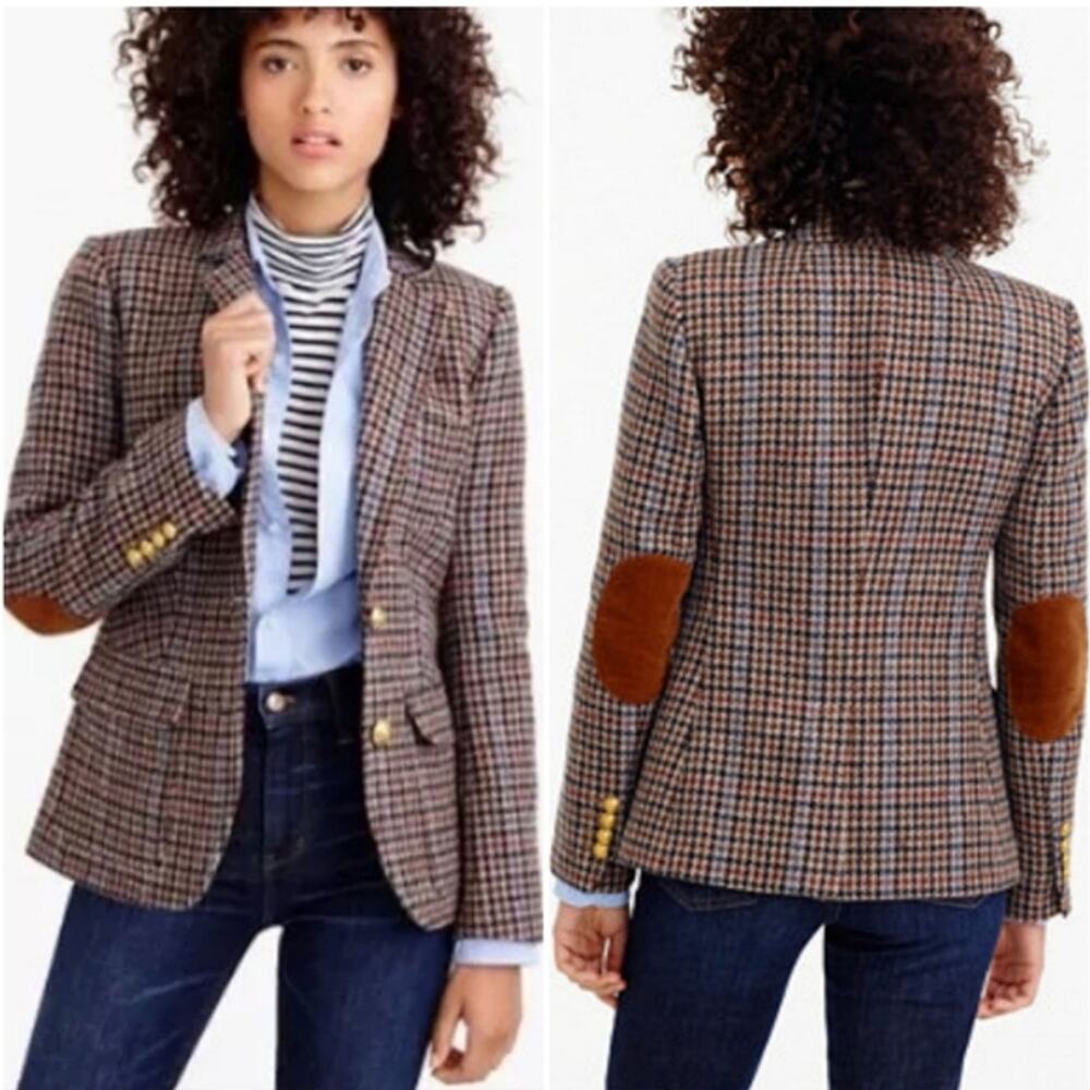J.Crew Rhodes Blazer Jacket Wool Tweed Houndstooth Elbow Patches Size 10